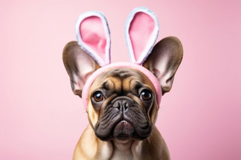 Funny French Bulldog dog with Easter bunny costume ears in front of pink studio background. KI