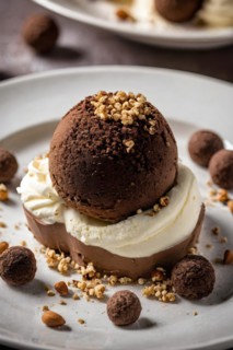 Decadent chocolate ice cream truffle coated in crushed hazelnuts and cocoa powder, AI generated