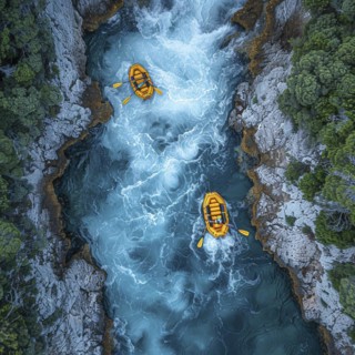 Whitewater riders ride boats through rapids, AI generated