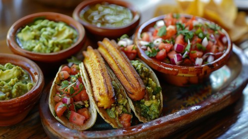Delicious Mexican tacos with fresh salsa and guacamole, vibrant and inviting, ai generated, AI