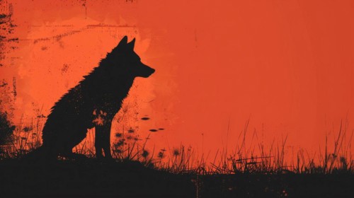 Silhouette of a howling wolf against a red and orange textured backdrop, ai generated, AI generated