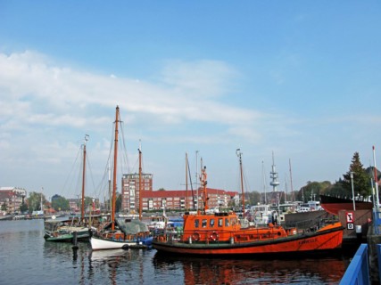 Boats, ships, town hall, Emden harbour, East Frisia, Germany, Europe