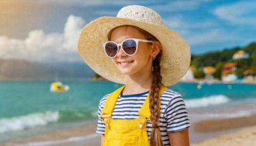 KI generated, An 8 year old blonde girl with sunglasses and a straw hat is on holiday on the beach
