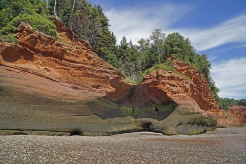 Wooded cliffs, red sandstone, Five Islands Provincial Park, Fundy Bay, Nova Scotia, Canada, North