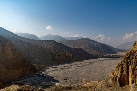 Huge riverbed before the Annapurna mountain range, Kingdom of Mustang, Nepal, Asia