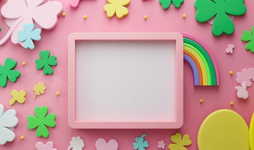 Paper art style with vibrant colors featuring a rainbow and clovers in a frame AI generated