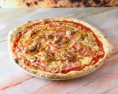 Pizza with barbecue sauce side view, pizza
