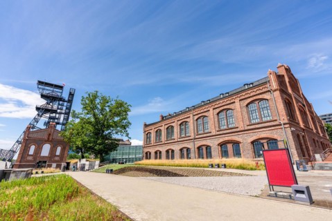 View of tower shaft Warszawa II and Silesian museum, Katowice, Poland, Europe