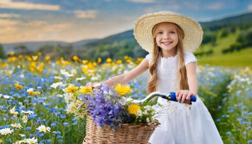 KI generated, A blonde girl rides her bike and enjoys the summer in a meadow with many flowers,
