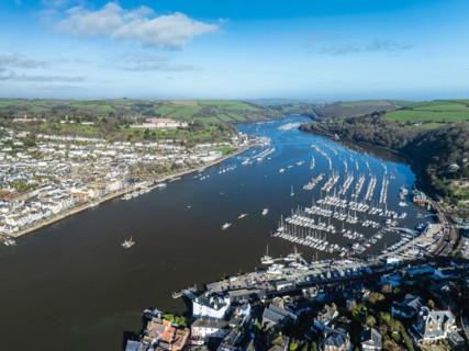 Dartmouth and Kingswear over River Dart from a drone, Devon, England, United Kingdom, Europe