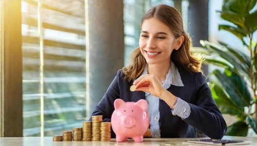 AI generated, A young woman, 20, 25, years, saves money and coins for the future, provision, nest