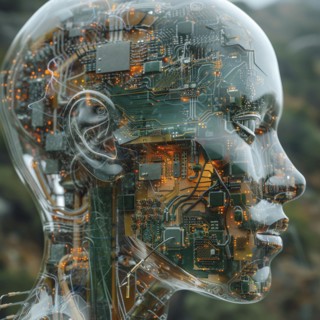 Medical a human head with brain and computer chip, symbol image KI in the human brain, ai
