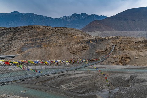 Huge hanging bridge across the Kali Gandaki river, Kingdom of Mustang, Nepal, Asia