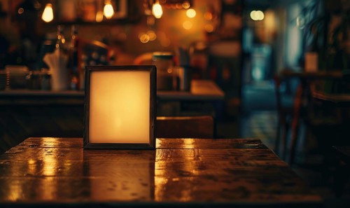 A small framed menu on a cafe table, bathed in warm moody evening light AI generated