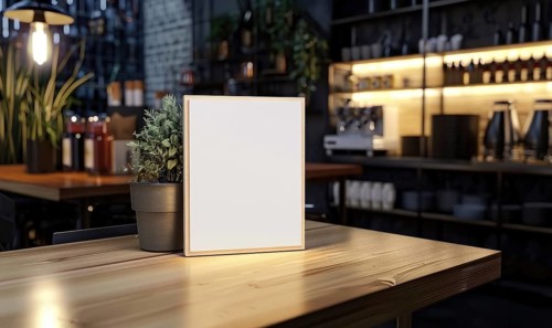 A cozy cafe interior with an empty menu board on a wooden table under warm ambient lighting AI