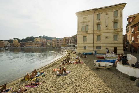 Village with beach and colourful houses by the sea, Baia del Silenzio, Sestri Levante, Province of