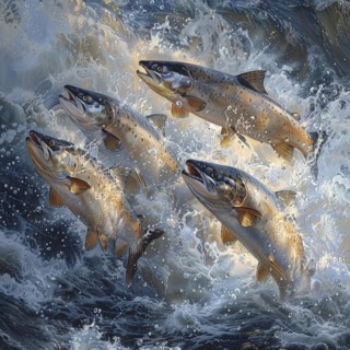 Salmon (Salmo salar) on the migration and swim up a stream in shallow, clear water, ai generiert,