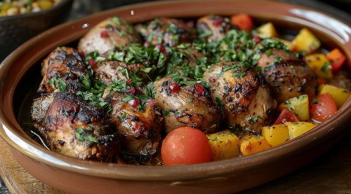 Herb-garnished roasted chicken with colorful vegetables served in a clay pot, ai generated, AI