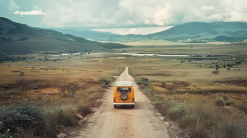 An orange vintage bus travels down a dirt road through a vast countryside landscape, AI generated