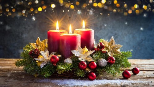 Ai generated, Advent wreath with burning candles, Christmas time, Christmas decoration, 3rd Advent,