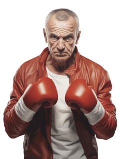 Illustration, an older man with boxing gloves looks confidently and resolutely into the camera,