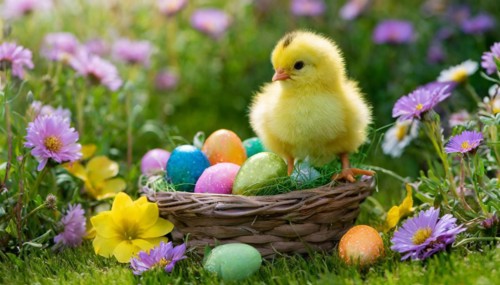 Ai generated, An Easter basket with coloured eggs in a meadow with colourful flowers, a chicken