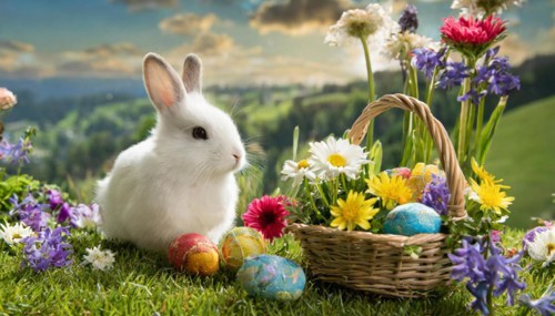 Ai generated, An Easter basket with coloured eggs in a meadow with colourful flowers, in the basket