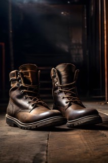 Well worn leather boots creased and scuffed narrative of adventure standing on expansive floor, AI
