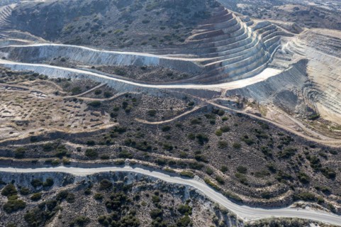 Mineral mining in the mountains near Apollonia, aerial view, Milos, Cyclades, Greece, Europe