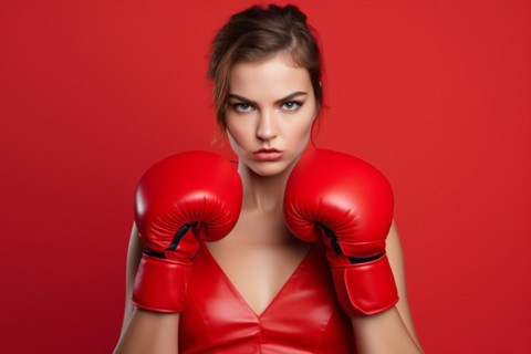 Fierce woman with determined face expression and red boxing gloves in front of studio background.