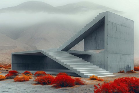 Modern concrete architecture with stark geometric shapes amidst red desert flora under fog, AI