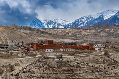 View on the city wall of Lo Manthang, Kingdom of Mustang, Nepal, Asia