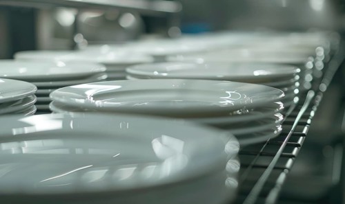 Multiple white plates stacked on a metal rack with a reflective sheen AI generated