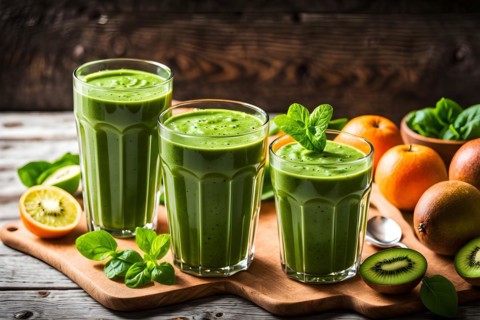 Clear glass containing vibrant green smoothie brimming with spinach kiwi avocado slices, AI