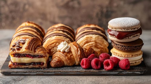 A decadent spread of croissants, various macarons, raspberries, and dark chocolate toppings, ai
