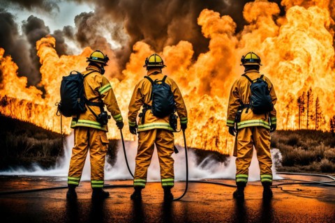 Firefighters engage a raging wildfire water hoses unleashing torrents cloaked in protective gear,