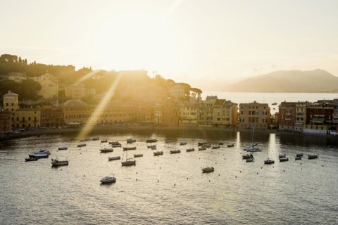 Village with colourful houses by the sea, sunset, Baia del Silenzio, Sestri Levante, Province of