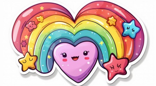 A playful sticker of a heart with a cute face styled with a vibrant rainbow and stars, ai