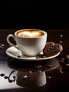 Cappuccino in a porcelain cup heart shaped foam art visible at the surface, AI generated