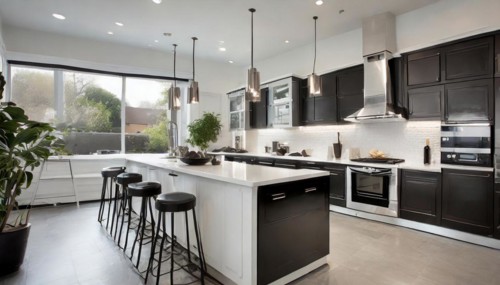 KI generated, A new black and white fitted kitchen has just been installed