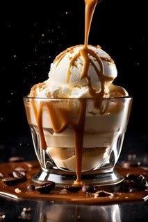 Gelato affogato scoop submerged in cascading hot espresso, AI generated