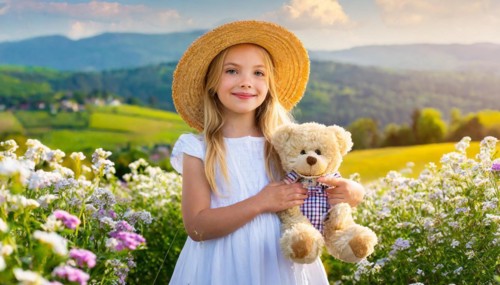 Ai generated, A blonde girl, 8 years old, enjoys the summer in a meadow with lots of flowers and is