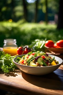 Quinoa salad abounding with colorful vegetables and lemon tahini dressing, AI generated