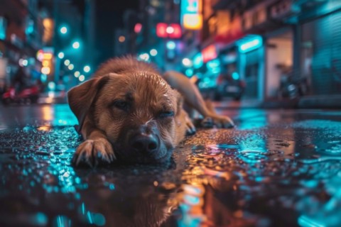 An abandoned, stray, young mixed-breed dog lies on a wet road at night and looks sad, AI generated,