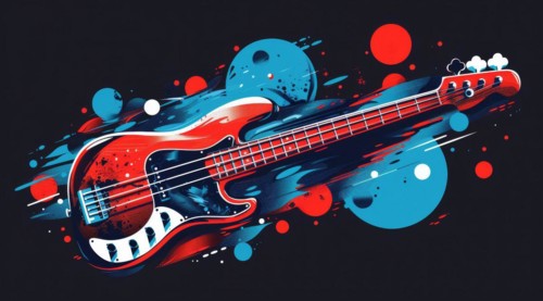 Dynamic abstract representation of an electric bass with blue and red splatter, ai generated, AI