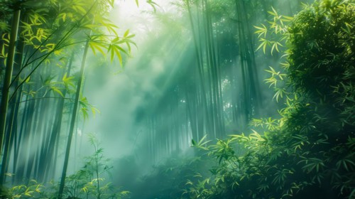 Ethereal mist weaving through a tranquil green bamboo forest, ai generated, AI generated