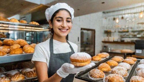 Ai generated, woman, 20, 25, years, shows, bakery, bakery shop, baquette, white bread, France,