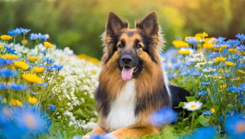 KI generated, A German shepherd dog lies in the grass of a meadow with many flowers
