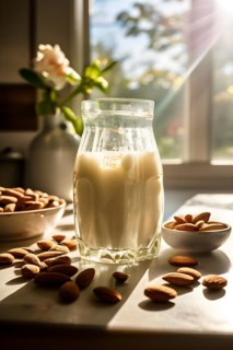 Almond milk cascades into a glass backlight from a sunlit window casting a warm glow on the