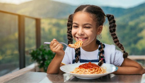 KI generated, A girl, 10, years, eats a plate of spaghetti with relish
